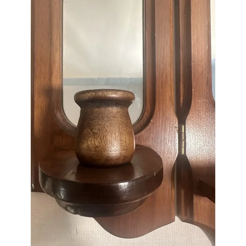 Vintage MCM Tri-fold Handcrafted Wooden Wall Sconce Mirror Candle Holders